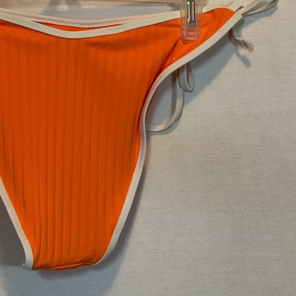 AA-272 Aerie NWT Cheekiest Side Tie Orange &‎ White Ribbed Swim Bikini Bottoms